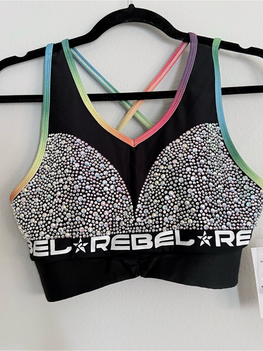 REBEL Embellished Black Sports Bra with Rainbow Trim